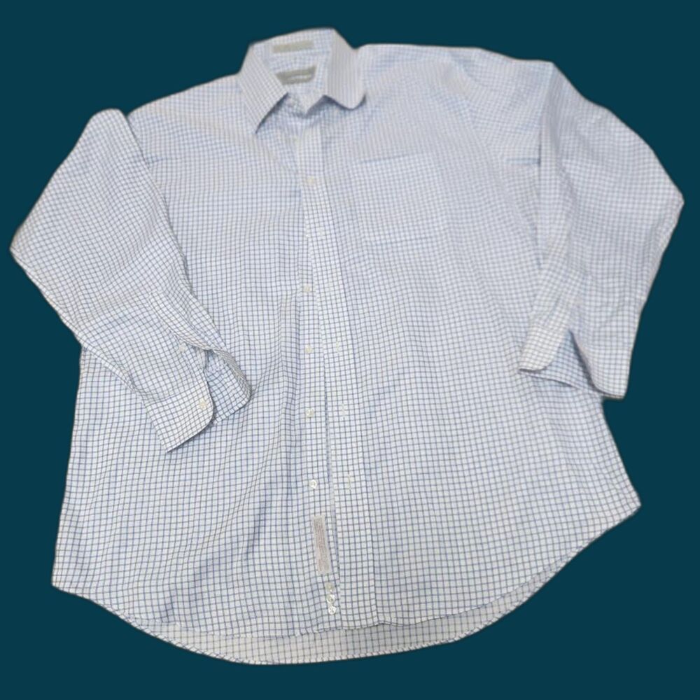 Nordstroms Men's White and Blue Plaid Shirt Size 17/35